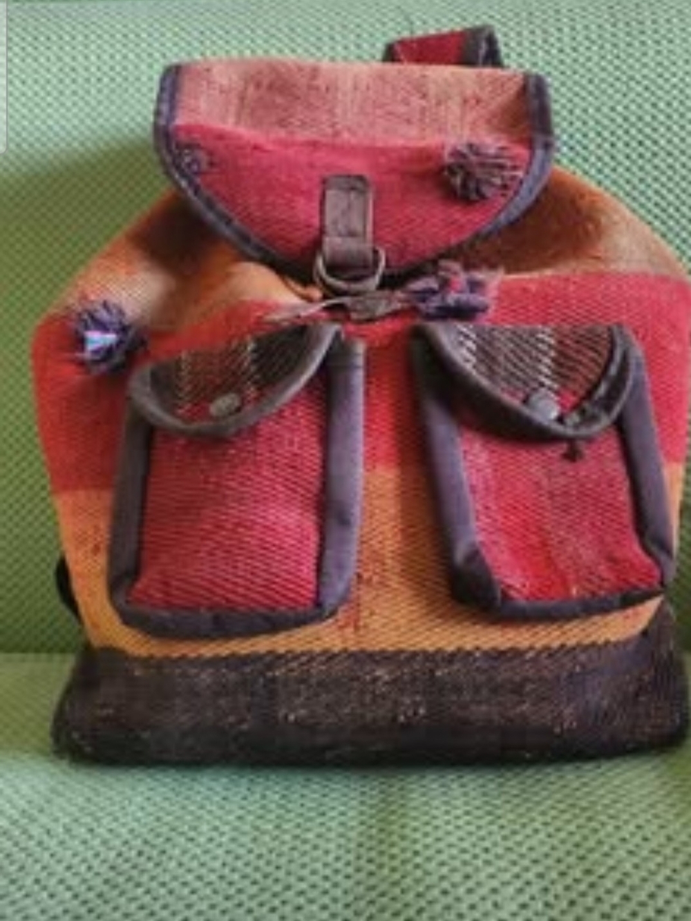Handwoven Kilim Tapestry Backpack – Striped Boho Rucksack with Front Pockets & C